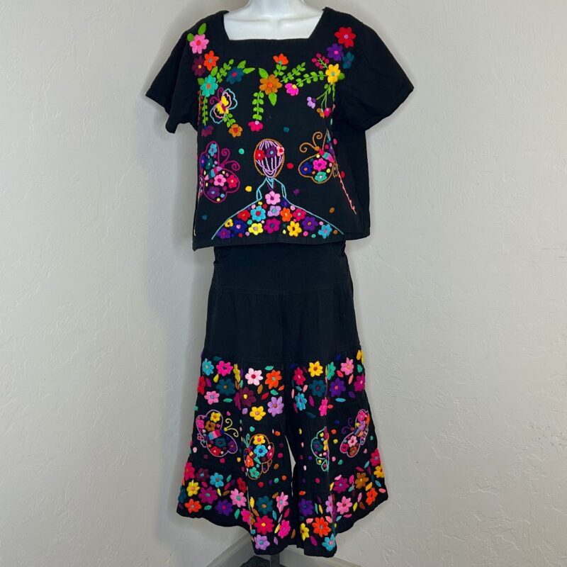 Embroidered Flowers & Butterflies Shirt & Pants Set