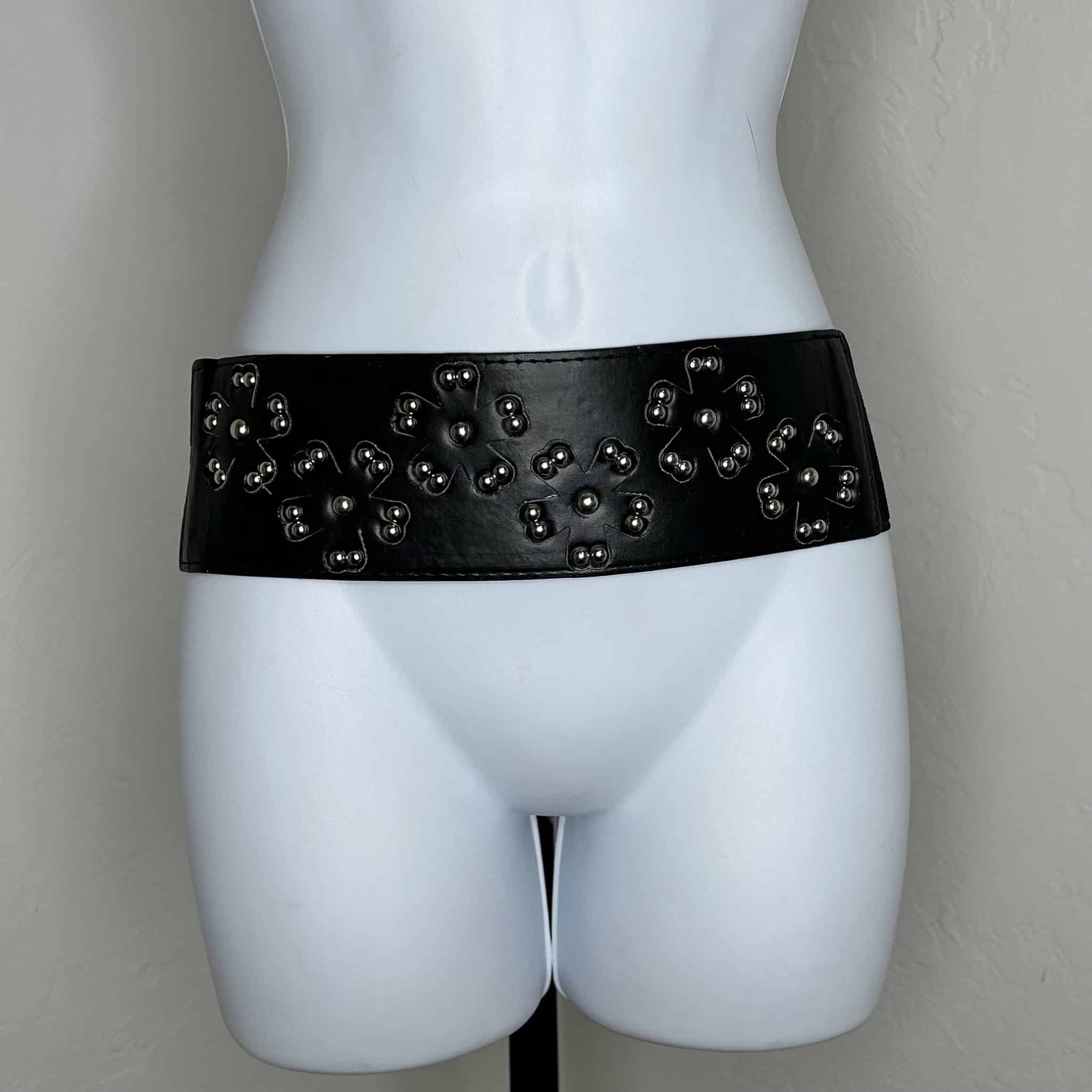 Black Leather & Elastic Floral Belt