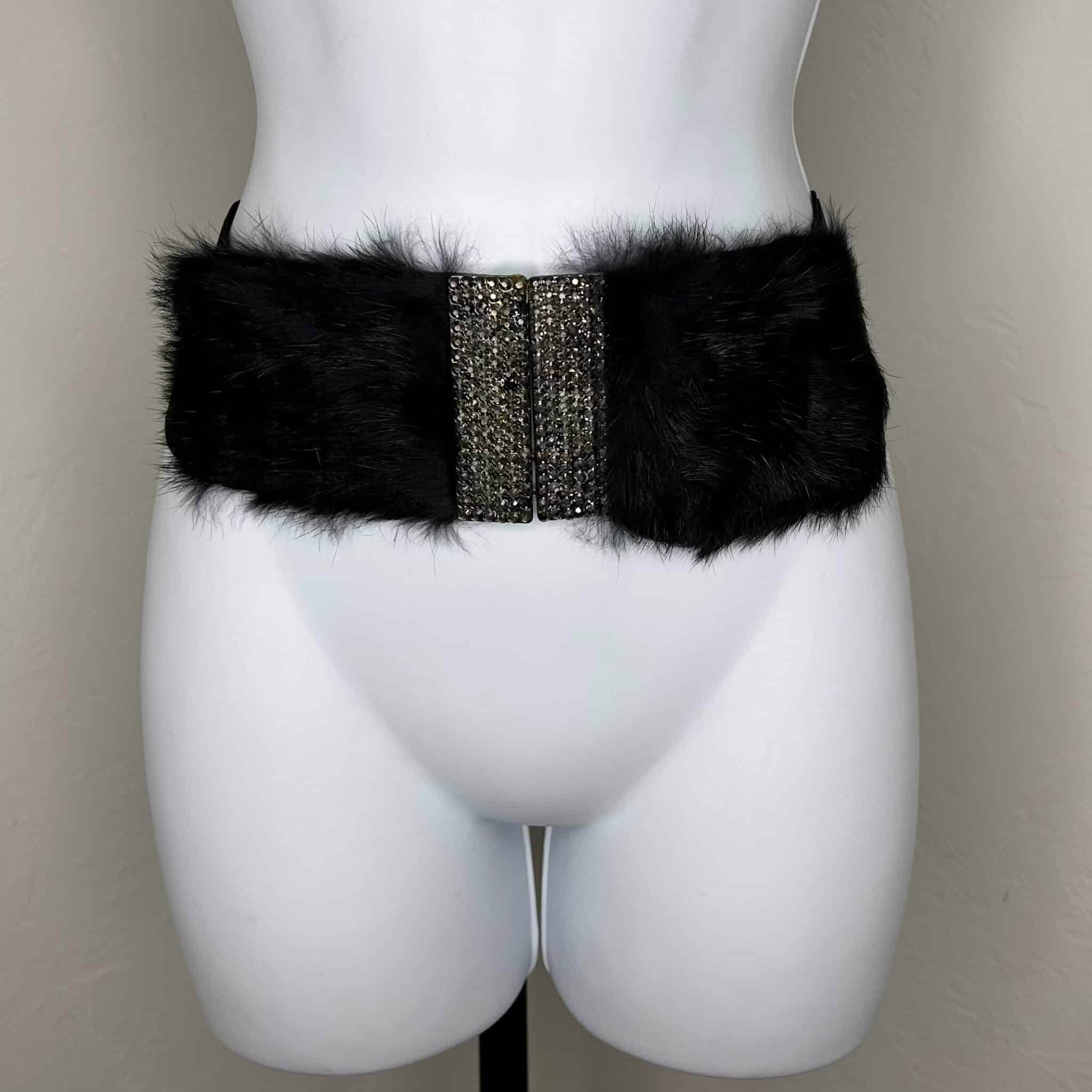 Black Fur & Rhinestones Elastic Belt